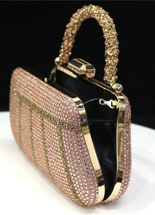 Popular In Nigeria Exquisite Evening Bags With Diamond Design Fashion Handle Clutch Rhinestone Embellished Long Chain Bag PlatiNum