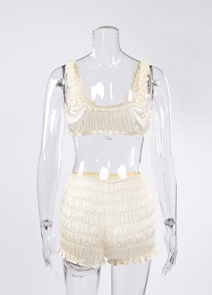 Pigiama da donna HiLoc in raso sexy, completo due pezzi con top corto e pantaloncini a vita elasticizzata con arricciatura, tinta unita, per casa.