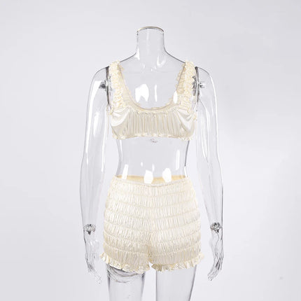 Pigiama da donna HiLoc in raso sexy, completo due pezzi con top corto e pantaloncini a vita elasticizzata con arricciatura, tinta unita, per casa.