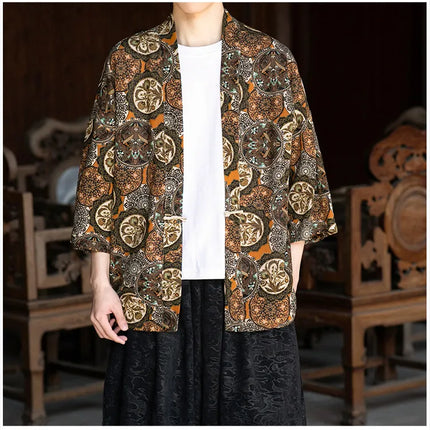 Camicie in Lino Stile Etnico con Stampa Yukata per Uomo e Donna, Abbigliamento Asiatico, Kimono Giapponese Harajuku, Camicie Retrò da Uomo