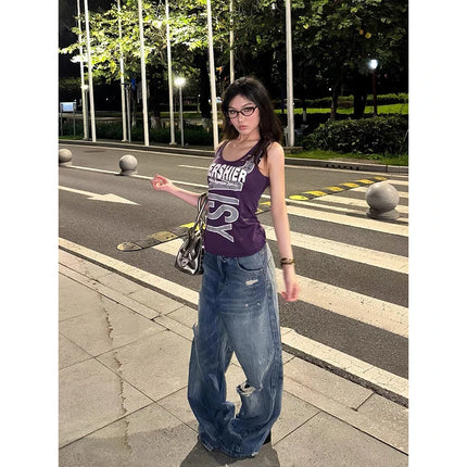 YIBASHU Jeans Larghi Blu da Donna, Pantaloni in Denim Strappati Stile Americano Retrò Y2K, Lavati, Designer Giapponese Harajuku, Gamba Larga, Lunghi
