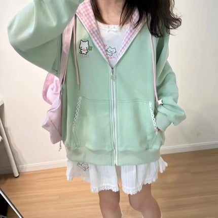 Y2k Hoodies Green Kawaii Cat Floral Print Hooded Zip-up Woman Sweatshirts Pink Thin Jacket Spring Fall Clothes Cute Streetwear