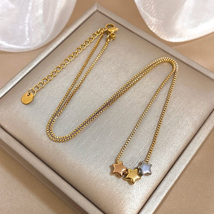 Cute Triple Color Star Beads Necklace for Women Girls Fashion Gold Plated Stainless Steel Charm Necklaces Waterproof Jewelry PlatiNum