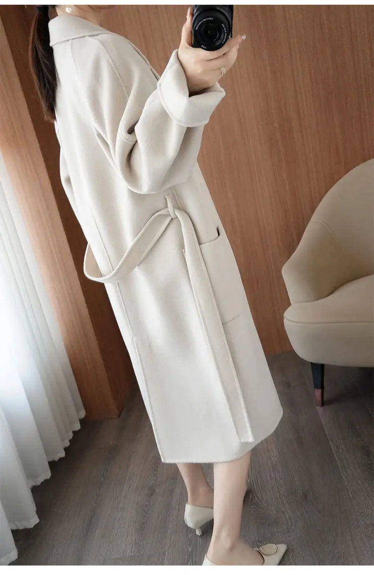 100% Wool Coat Women's Wear 2026 Autumn/Winter Fashion Temperament Double sided Cashmere Coats with Belt Elegant Long Overcoat