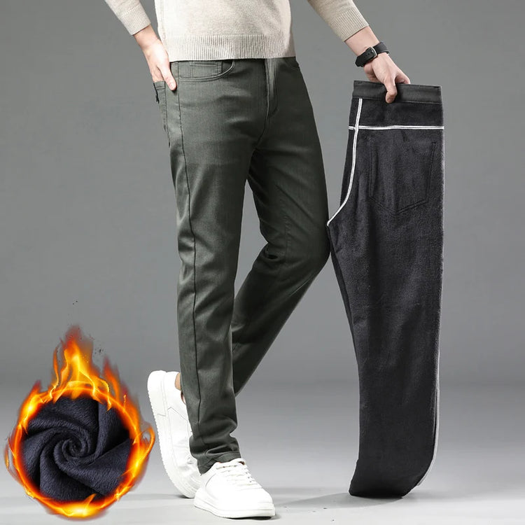 2024 New Winter Fleece Casual Pants Men's Straight Slim Thick Warm Male Business Fashion Casual Elastic Comfort Velvet Trousers
