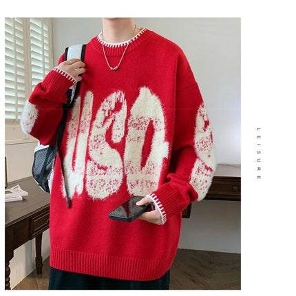 2025 New Letter Jacquard O-Neck Knitwear Men's American Fashion Retro Knitted Sweater Autumn Hip Hop Long Sleeve Y2K Pullovers