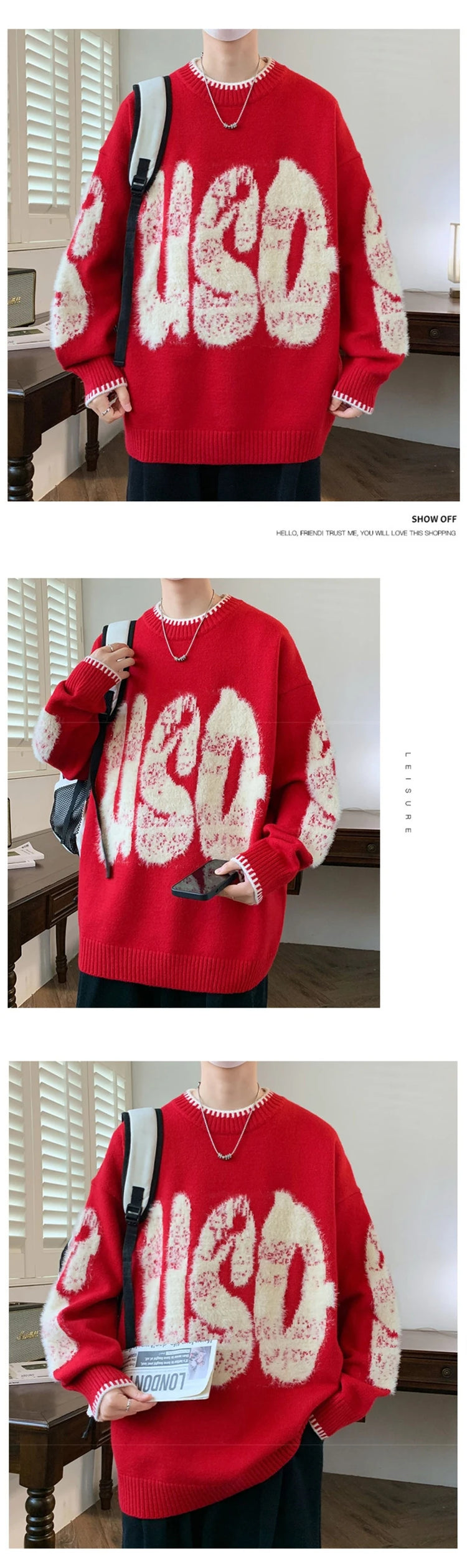 2025 New Letter Jacquard O-Neck Knitwear Men's American Fashion Retro Knitted Sweater Autumn Hip Hop Long Sleeve Y2K Pullovers