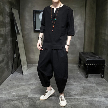 Stile giapponese due pezzi t-shirt pantaloni uomo uomo abiti Kimono maniche corte giappone Harajuku Yukata Cardigan Costume top pantaloni