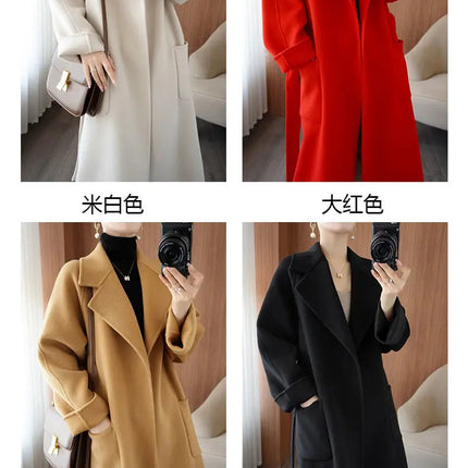 100% Wool Coat Women's Wear 2026 Autumn/Winter Fashion Temperament Double sided Cashmere Coats with Belt Elegant Long Overcoat