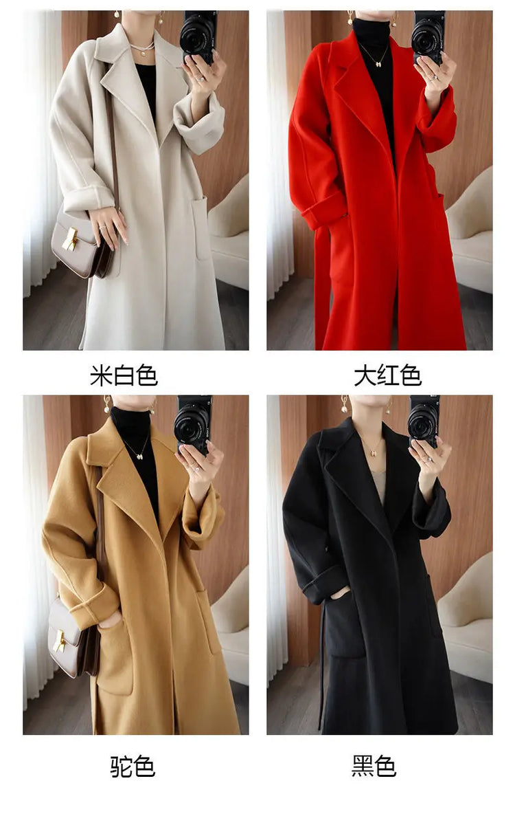 100% Wool Coat Women's Wear 2026 Autumn/Winter Fashion Temperament Double sided Cashmere Coats with Belt Elegant Long Overcoat