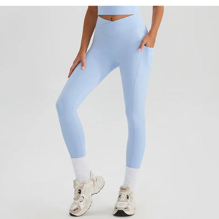 Women Gym Sports Leggings Workout Yoga Pants With Pockets High Waist Tights Fitness Pants Outdoors Running Training Trousers PlatiNum