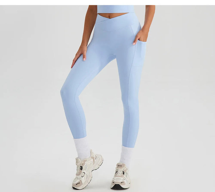 Women Gym Sports Leggings Workout Yoga Pants With Pockets High Waist Tights Fitness Pants Outdoors Running Training Trousers PlatiNum