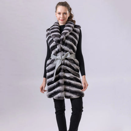 Women's Real Natural Rex Rabbit Fur long vest Chinchilla Color Waistcoat Furry Winter Warm Fluffy Vest Korean Length 90cm 240519