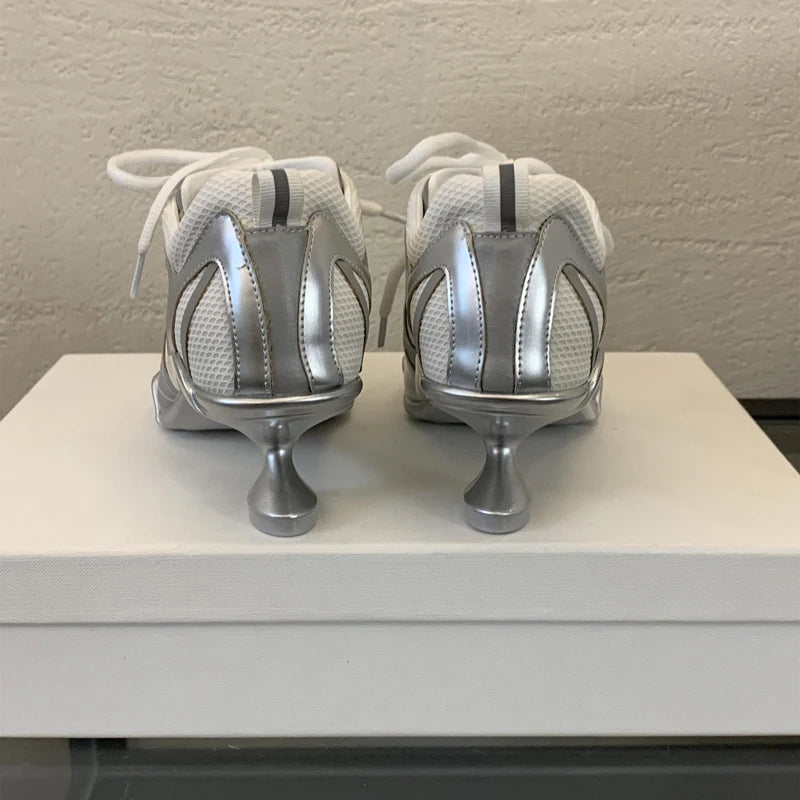 Low Heels Silver Shoes Women Pointed Toe Lace Up Sports Style High Heels Comfort Ladies Pumps Black Spring 2025 Shoes