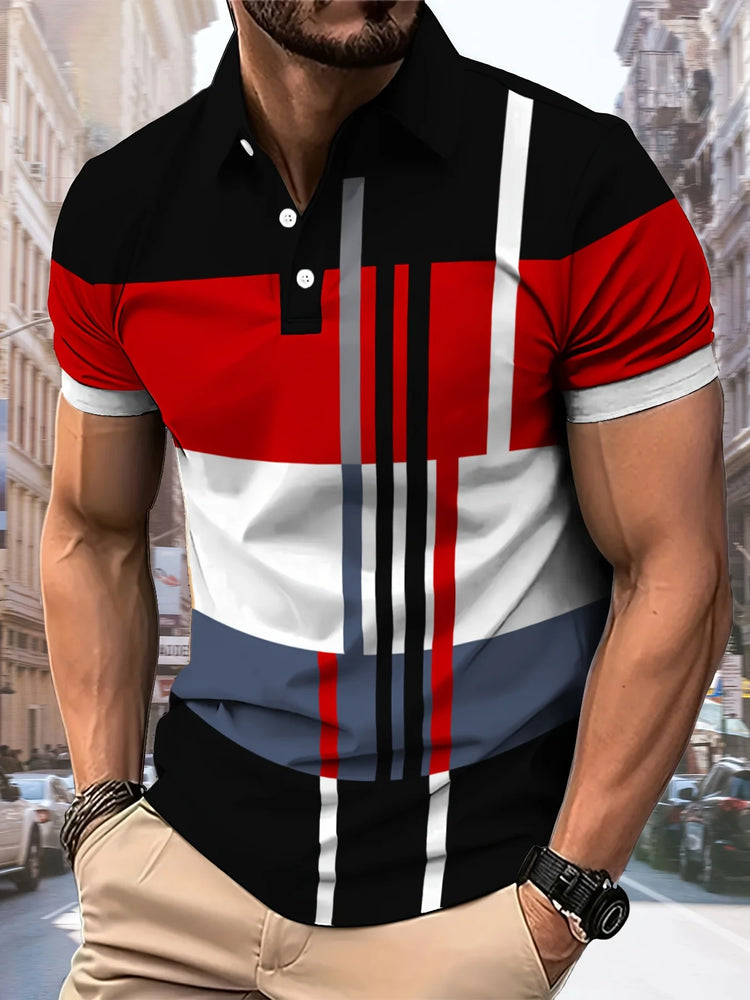 La nuova maglietta POLO da uomo dell'estate 2025 presenta una stampa casual con motivo a righe 3D, comoda e traspirante e alla moda