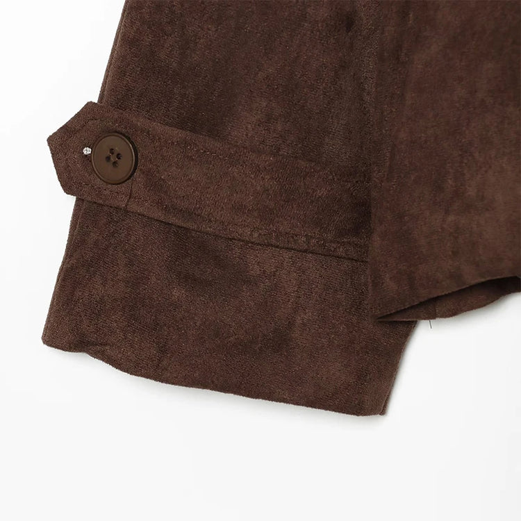 Elegant Suede Women Jacket Turn Down Collar Double Breasted Belt Waist Slim Jackets 2026 Autumn Winter Female Fashion Tops