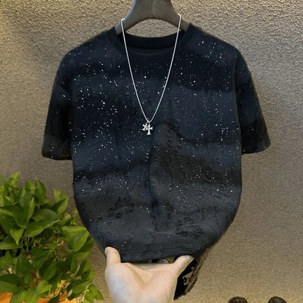 Summer Tear Men Clothing Summer Rhinestone Rivet T-shirt Round Neck Casual T-shirt Korean Version Men's Short Sleeves Tee PlatiNum