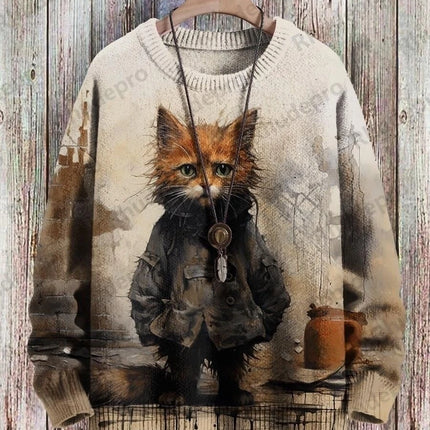 Cute Black Cat Graphic Retro Pattern 3D Printed Men's Knitted Pullover Winter Unisex Casual Warm Knit Pullover Sweater