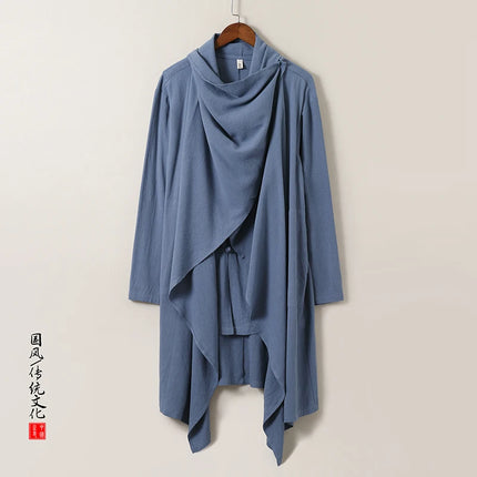 2025 Autunno Uomo Baggy Bello Fresco Trench Stile Cinese Mantello Camicie Moda Casual Lino Irregolare Mens Mantello Lungo Giacche a vento