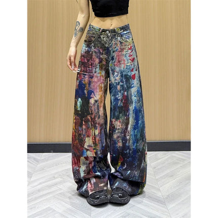 Jeans Americani da Donna a Vita Alta e Gamba Dritta, Pantaloni in Denim Colorati con Effetto Schizzi d'Inchiostro, Pantaloni Larghi Stile Cowboy per l'Autunno