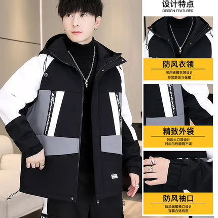Men's Casual Wool Lined Thickened Hooded Set Fashionable Warm Sweatshirt Jacket Trendy Autumn Winter Men 2 Piece