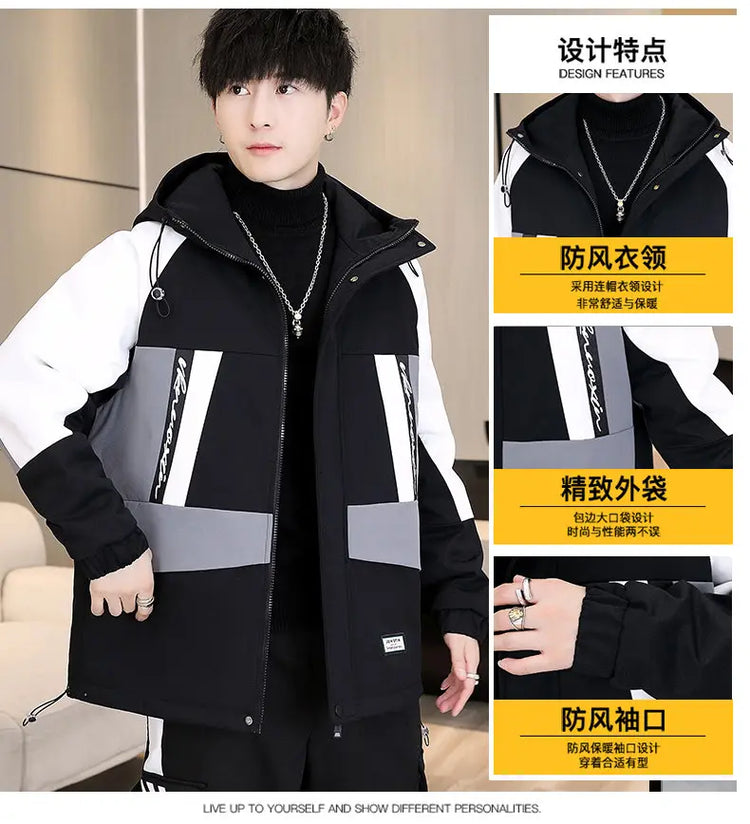 Men's Casual Wool Lined Thickened Hooded Set Fashionable Warm Sweatshirt Jacket Trendy Autumn Winter Men 2 Piece