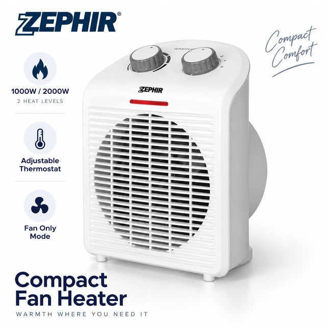 Zephir ZTRM5 Portable Fan Heater 2000W Electric Space Heater with Adjustable Thermostat, 2 Heat Levels, Fan Only Mode, Overheat Protection for Home Office Bathroom