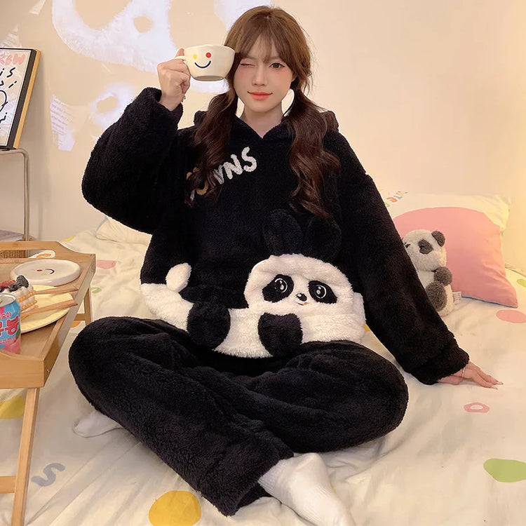 Winter New Women's Warm Pajamas Cartoon Hooded Sleepwear Suit Women's Coral Fleece Pyjamas Set Thickened Thermal Homewear M-4XL
