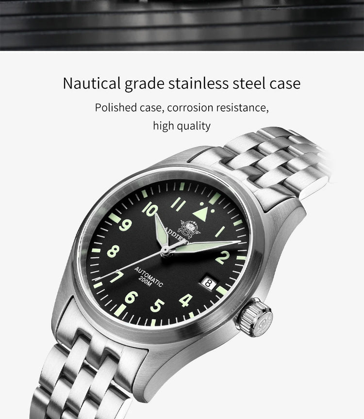 ADDIESDIVE Classic Men's watch Sapphire Automatic 8215 Stainless Steel Pilot watch Leather Luminous 200m Diving Dress Watch New