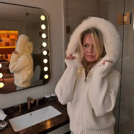 OFTBUY Real Fox Fur Kintwear Women New Spring Autumn Hooded Sweater Female Loose Zipper Kintted Jacket Oversized Cardigan