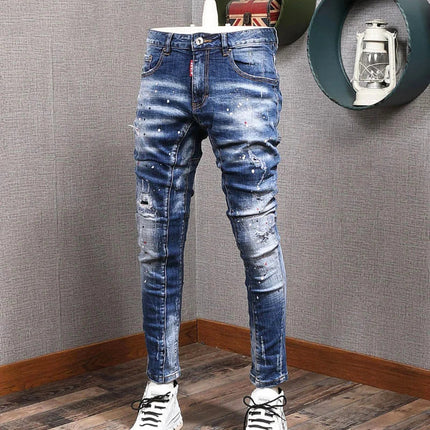 Fashion Streetwear Men Jeans Retro Black Blue Elastic Slim Fit Ripped Jeans Men Spliced Designer Embroidery Hip Hop Denim Pants PlatiNum