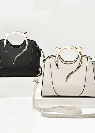 Cat Shaped Handle Women Handbag Trendy And Fashionable, Solid Color, Simple And Casual Crossbody Shoulder Shell Bag PlatiNum