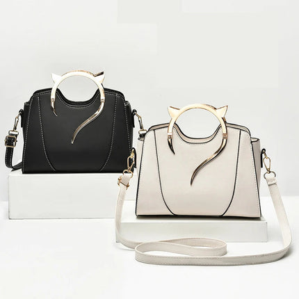 Cat Shaped Handle Women Handbag Trendy And Fashionable, Solid Color, Simple And Casual Crossbody Shoulder Shell Bag PlatiNum