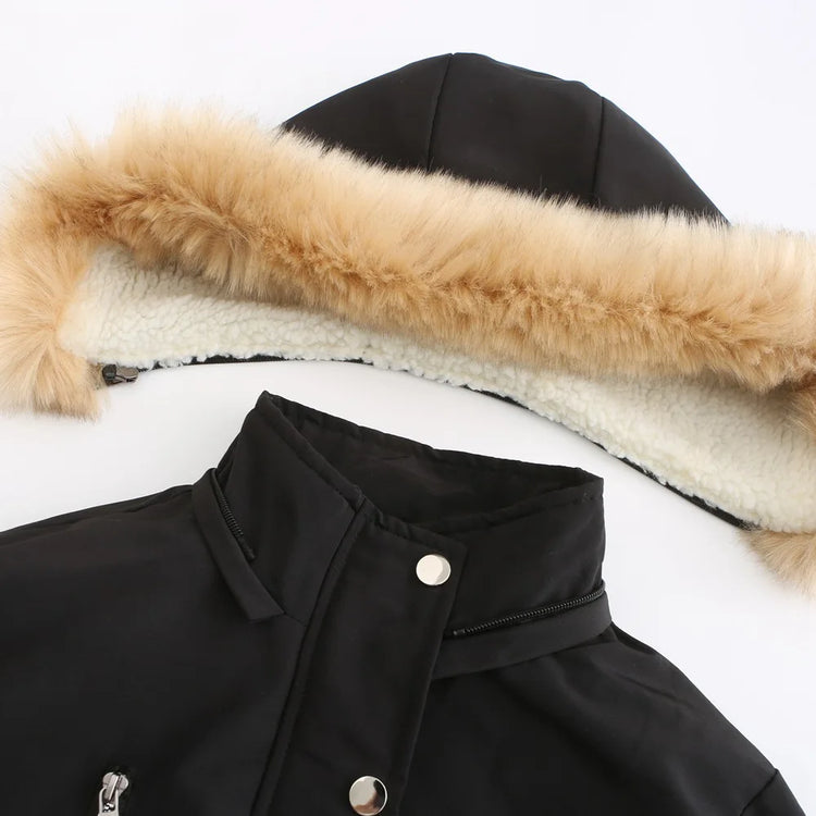 Women's Winter Coat Warm Fleece Lined Parka Detachable Faux Fur Hood Padded Jacket Slim Waist Thick Sherpa Loose Cotton Outwear