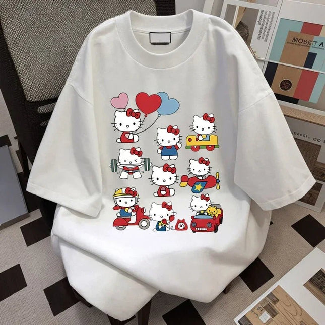 T-shirt in cotone Hello Kitty Kawaii Sanrioed Anime Fashion Top da donna T-shirt estiva casual da strada personalizzata per ragazza dolce - platinumshop