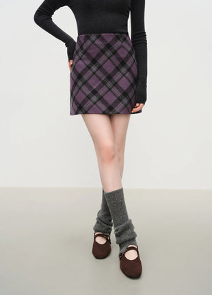 FSLE Autumn Party Skirt High Waist Retro Plaid Knit WoolShort Skirt For Women 2025 Fall Winter New Arrival Y2K Mini A-line Skirt PlatiNum