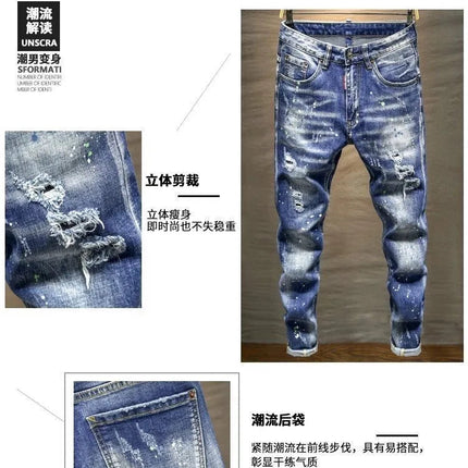 Spring and Autumn New Fashion Trend Ripped Retro Straight Leg Blue Jeans Men's Casual Loose Comfortable Breathable Denim Pants PlatiNum
