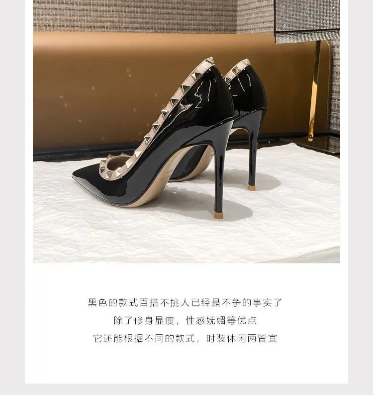 Women's High Heels Black Genuine Leather Rivet Pointed toe pumps luxury designer high quality Shoes Elegant woman heeled shoes