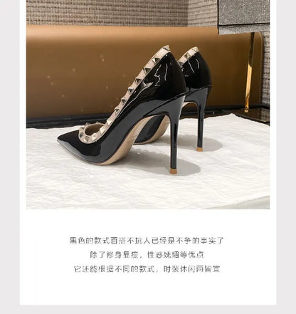 Women's High Heels Black Genuine Leather Rivet Pointed toe pumps luxury designer high quality Shoes Elegant woman heeled shoes