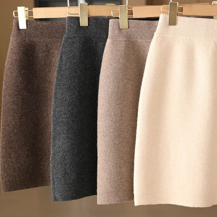 Autumn Winter Women Wool Skirt Elastic Waist Mini Slim Fit Cashmere Skirts 100% Merino Wool Knitted Office Lady Above Knee Dress PlatiNum