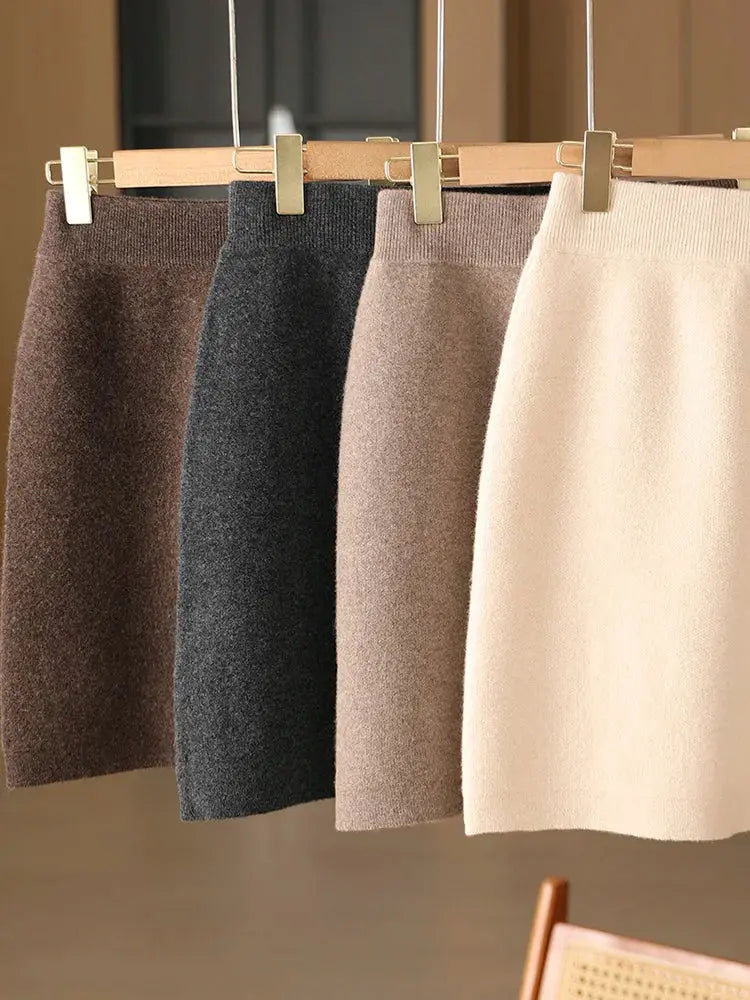 Autumn Winter Women Wool Skirt Elastic Waist Mini Slim Fit Cashmere Skirts 100% Merino Wool Knitted Office Lady Above Knee Dress PlatiNum