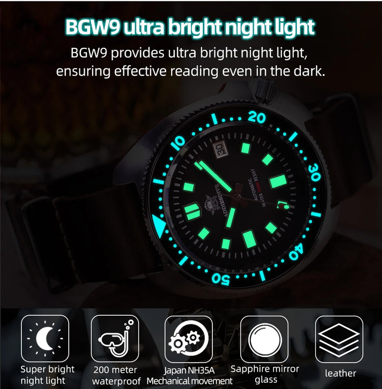 ADDIESDIVE Men's Watch Sapphire Glass Stainless Steel NH35 Automatic Mechanical Watch BGW9 Luminous 200m Waterproof Dive Watch