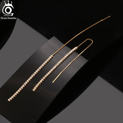ORSA JEWELS 925 Silver Minimalism Dangle Long Chains Earrings for Women Vintage Cubic Zircon Drop Earings Jewelry Gifts SE111 PlatiNum