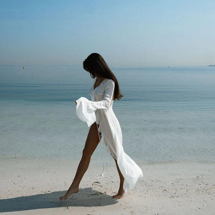 Sexy scollo a V increspato manica lunga Nero Bianco Nuova tunica in chiffon Beach Cover Up Cover-up Abito Protezione solare Beachwear Abbigliamento donna platinumshop