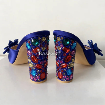 Sandali con tacco alto da donna estivi in seta blu con strass colorati e decorazioni a nodo a farfalla in cristallo per ragazze