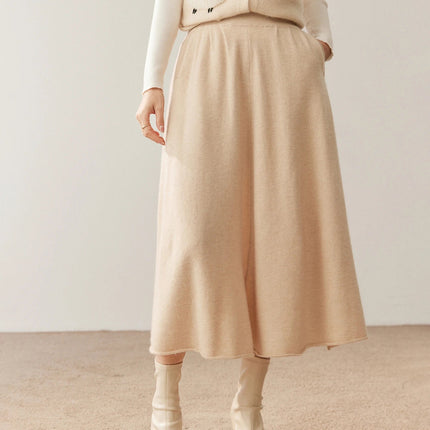 Women's 100% Pure Cashmere Skirt Autumn Winter Mid-calf A-line Knitted Full Skirt High Waist Soild Dress Elegant Basic High-end PlatiNum