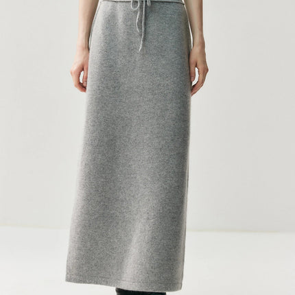 Women Pure Cashmere Long Skirts Autumn Winter Straight Ankle Length Thick Skirts 100% Cashmere Knit Drawstring and Split Skirts PlatiNum