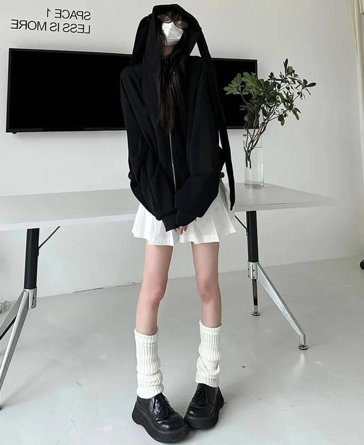 2026 Autumn Kawaii Bunny Big Extra Ears Hoodie Long Sleeve Hooded Sweatshirt Y2K Style Fashion Rabbit Oversized Zip-up Hoodies