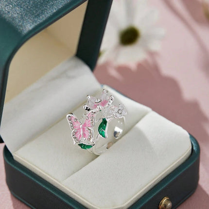 Aesthetic Flower Butterfly Rings for Female Romantic Rhinestone Stylish Non-fading Opening Ring Women Wedding Jewelry Party Gift PlatiNum