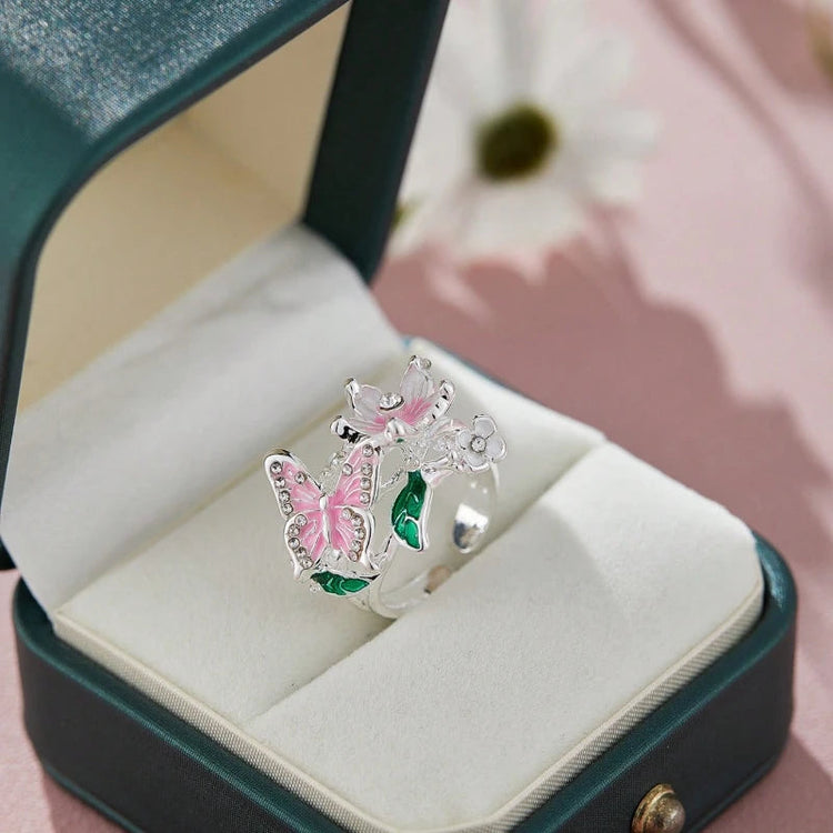 Aesthetic Flower Butterfly Rings for Female Romantic Rhinestone Stylish Non-fading Opening Ring Women Wedding Jewelry Party Gift PlatiNum